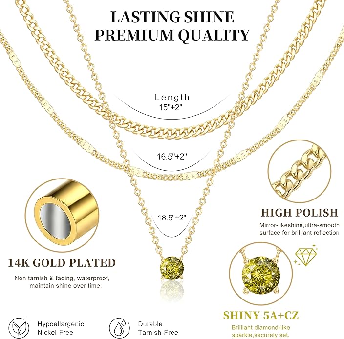 WomenGifts Layered Gold Necklaces for Women, 14K Gold Sterling Silver Plated Dainty Pendant Necklace Set with Cubic Zirconia Circle, Chunky Stackable Cuban Chain Choker, Trendy Personalized Birthstone Jewelry Gift Non Tarnish