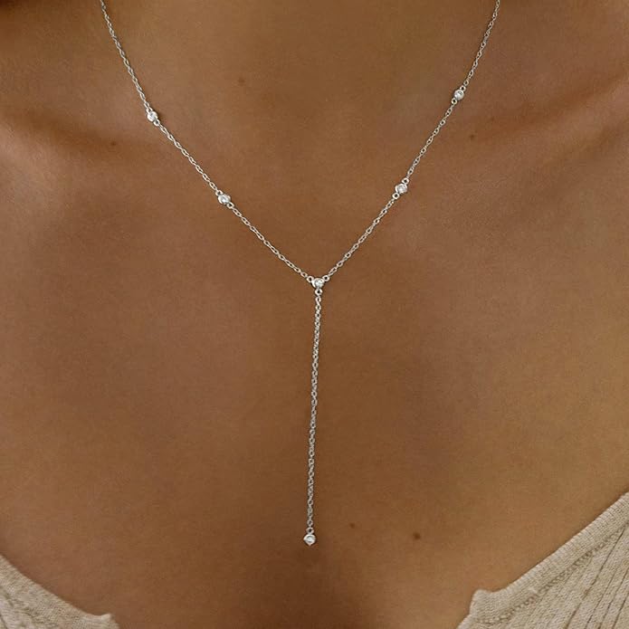 Gold Necklace for Women, Dainty Gold Long Necklaces 14k Gold Plated Prom Bar CZ Lariat Necklace Simple Choker Necklaces for Women Trendy Boho Fashion Costume Jewelry Womens