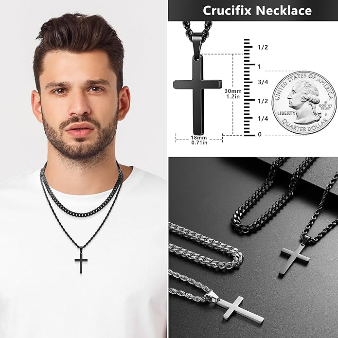 Romass 4Pcs Cross Necklace for Men,Stainless Steel Chains for Men Layered Necklaces Silver Gold Black Pendant Jewelry Box Gifts 18-24 Inches