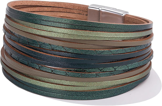 FANCY SHINY Boho Leather Wrap Bracelet Stackable Layered Bangle Cuff with Magnetic Clasp