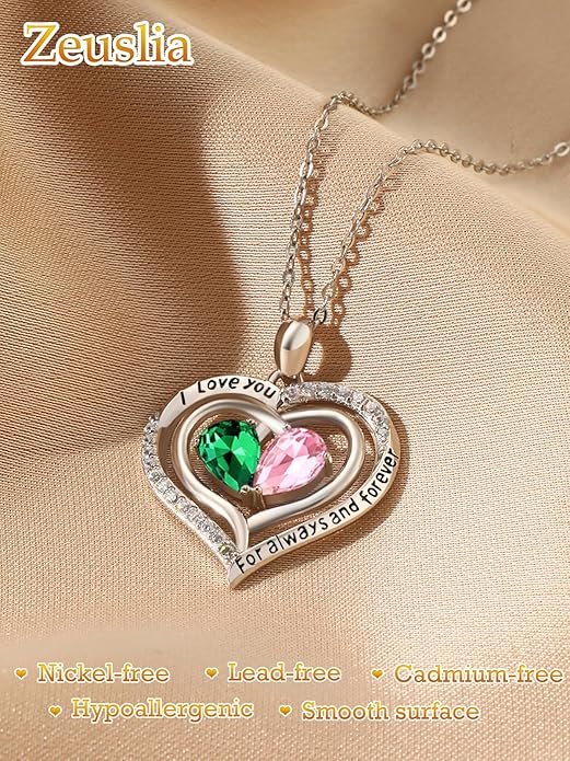 Zeuslia Double Birthstone Necklace Gifts for Wife - 925 Sterling Silver Sunflower/Rose/Crown Cross/Compass/Heart Pendant I Love You Necklace, Anniversary Birthday Gifts for Wife Girlfriend Mom Her