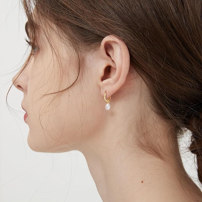14K Gold Plated Pearl Dangle Earrings for Women, Small Pearl Drop Huggie Hoop Earrings, Hypoallergenic Dainty Gold Wedding Earrings Jewelry Gifts for Women Trendy