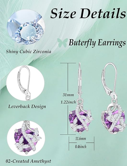 925 Sterling Silver Butterfly Earrings Necklace Created Amethyst Heart Jewelry Set