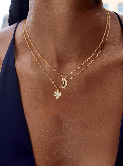 Lariat Necklaces for Women - Dainty Long Necklace Trendy 14K Gold Plated Hypoallergenic Layered Long Y-Shape Sunburst CZ T-Bar Pendant Drop Chain Necklace Set for Women Non Tarinsh Jewelry Gift