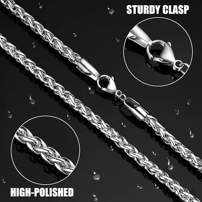 Fiusem Wheat Chains for Men and Women, 2/2.5/3/4/5mm Silver Tone/14K Gold Plated/Black Necklace Chain, Stainless Steel Mens Necklace 16-28 Inch