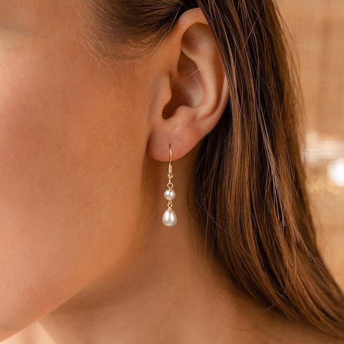 14K Gold Plated Pearl Dangle Earrings for Women, Small Pearl Drop Huggie Hoop Earrings, Hypoallergenic Dainty Gold Wedding Earrings Jewelry Gifts for Women Trendy