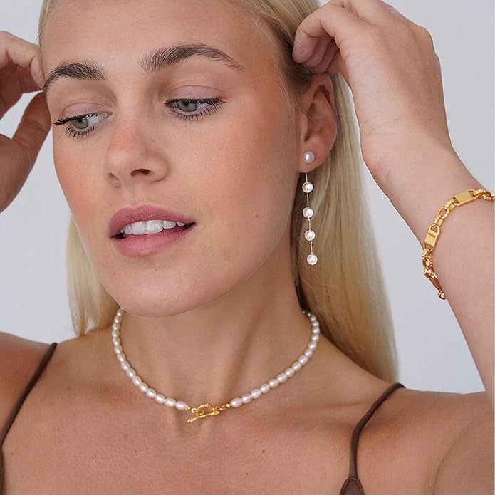 Long Pearl Earrings for Women 18K Gold Plated Hypoallergenic Lightweight Pearl Dangle Drop Earrings for Wedding Elegant Jewelry for Bridal Christmas Gift