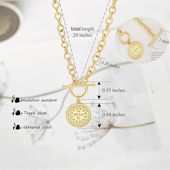 CANEVINKA Dainty Cross Medallion/Heart Pendant Chain Necklace 18K Gold Plated Oval Choker Fashion OT Toggle Jewelry Handmade for Women Simple Gold Charm Necklace