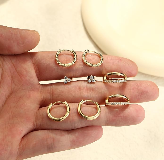 BESTEEL Small Hoop Earrings for Women - Hypoallergenic 14K Gold Plated Surgical Steel Chunky Huggie Earings Stacks Set Dainty Cute Cartilage Flat Back Stud Jewelry Trendy Gift 4 Pairs