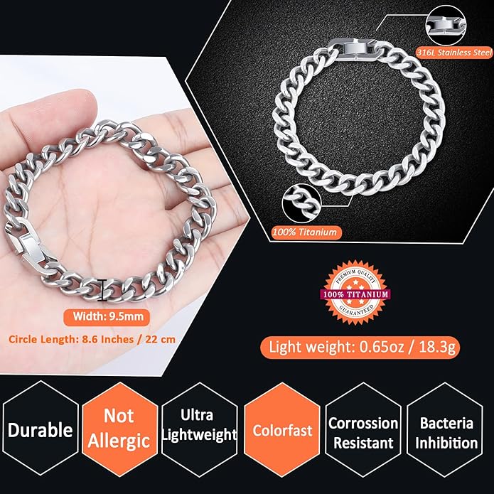 SanThree 9.5mm Solid Titanium Cuban Link Chain Bracelet for Men, Lightweight Skin-Friendly Hip Hop Bracelets for Birthday Graduation Friendship, 7"/7.5"/8",8.6"-9", Come with Gift Box