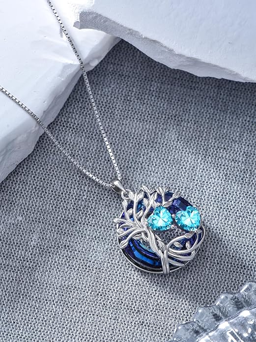 TOUPOP s925 Sterling Silver Family Celtic Tree of Life Pendant Necklaces with 2 Heart Birthstone with Blue Austrian Crystal Jewelry Birthday Anniversary Christmas Gifts for Her Wife Girlfriend Mom (18K Real White Gold Filled)