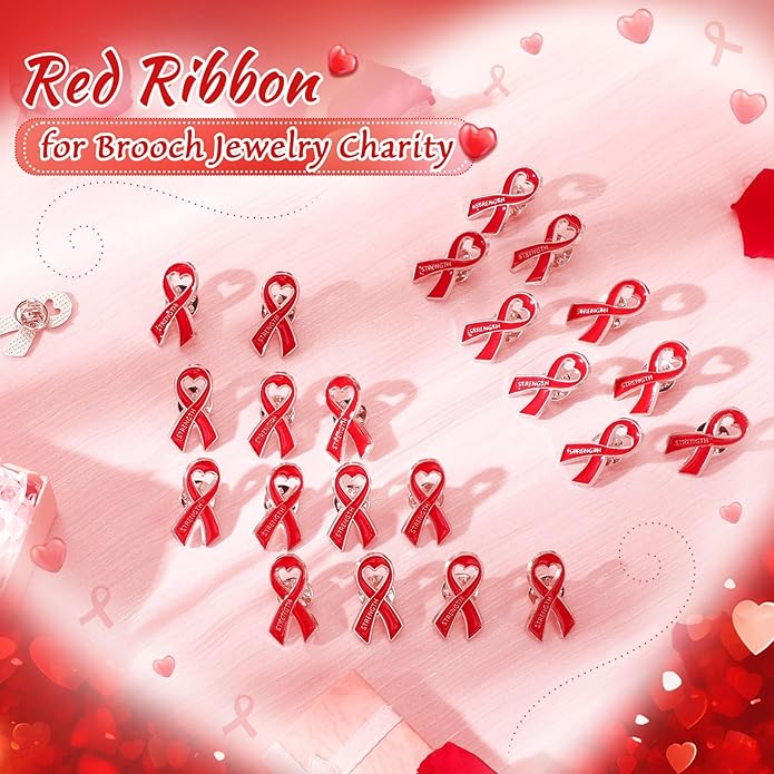 Tondiamo Red Ribbon Pins Bulk Heart Awareness Lapel Pins Heart Disease Brooches Hiv Aids Awareness Brooches for Doctors Charity Fundraising Red Ribbon Week Supplies