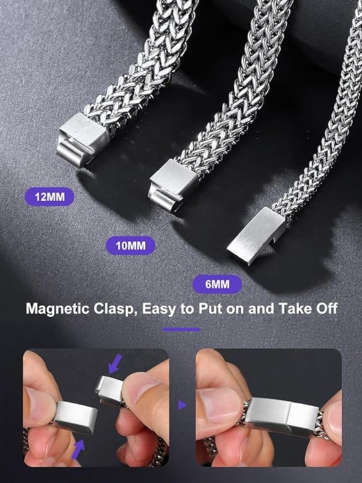 Richsteel Bracelets for Men 6mm/10mm/12mm Width Stainless Steel With Sturdy Clasp Franco Curb Chain Mens Bracelet 7.4/8.2/9 Inches Length