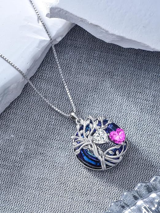 TOUPOP s925 Sterling Silver Family Celtic Tree of Life Pendant Necklaces with 2 Heart Birthstone with Blue Austrian Crystal Jewelry Birthday Anniversary Christmas Gifts for Her Wife Girlfriend Mom (18K Real White Gold Filled)