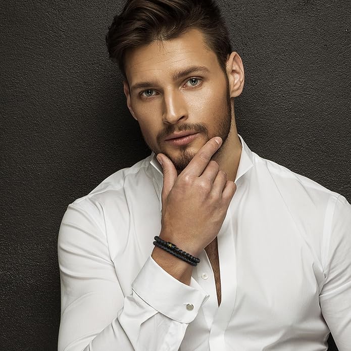 FOCOOG Leather Bracelets for Mens Gifts - Premium Genuine Leather Natural Lava Rock Matte Agate Adjustable Stainless Steel Magnetic Clasp Initial Bracelet, Unique Gifts for Men Husband Dad Son