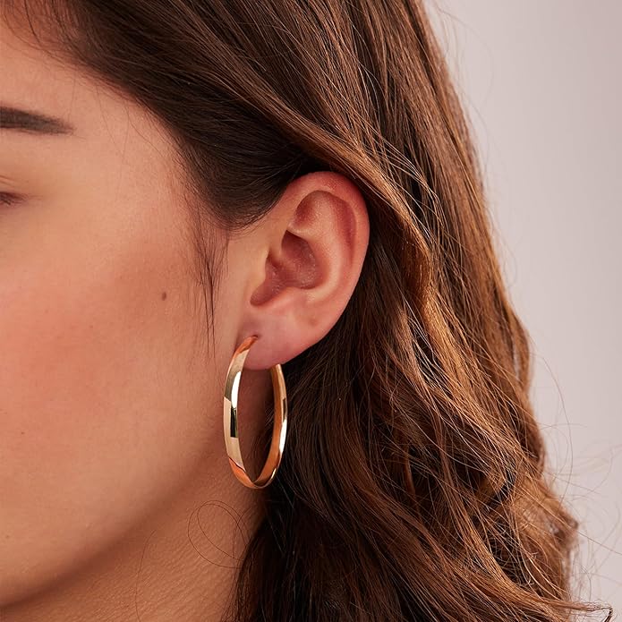 EXGOX 5mm Wide Gold Hoop Earrings for Women,Sterling Silver Hoop Earrings Large Silver Hoop Earrings Hypoallergenic Lightweight 14K Real Gold Plated Big Hoop Earrings for Women 30/40/50/60/70mm