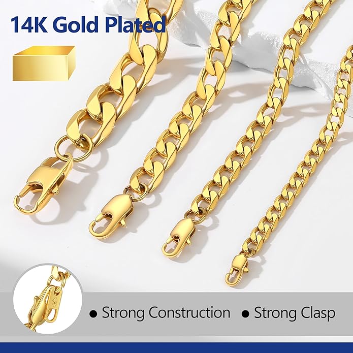 PROSTEEL 316L Stainless Steel Cuban Link Chain Necklaces for Men, Black/18K Gold Plated, Hypoallergenic Jewelry, 4mm-13mm, 14"-30", Come with Box