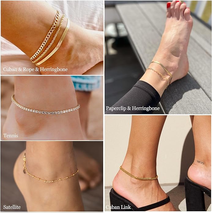 DEARMAY 14K Gold Plated Ankle Bracelets for Women Waterproof - Dainty 6Pcs Anklets Layered Cuban Link Chain Herringbone Cute Anklets Set Pack Summer Beach Jewelry Gift for Women Teen