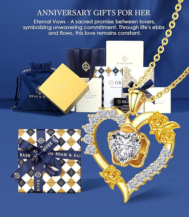 Beam & Bask Rose Flower Love Heart Necklace for Wife, 2-3 Carat Moissanite Women's Pendant, Sterling Silver Plated with 18K Gold, Anniversary Birthday Wedding Jewelry for Girlfriend Soulmate Her