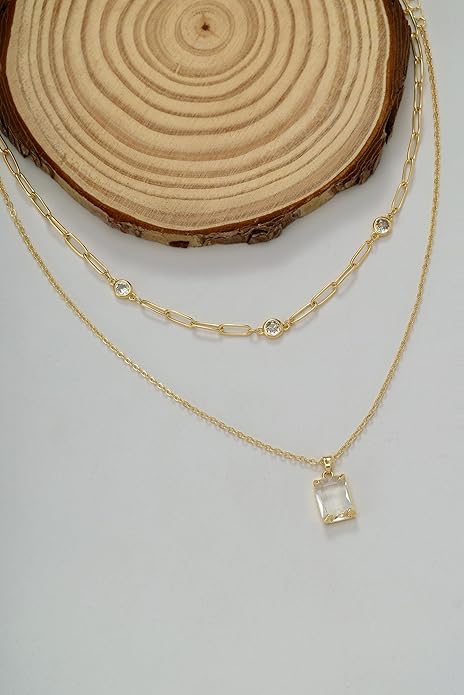 Gold Layered Pendant Necklaces for Women 14k Gold Plated Crystal Choker Necklace Paperclip Rhinestone Necklace Party Prom Jewelry