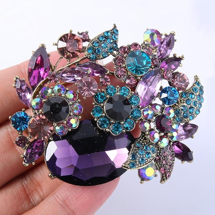 EVER FAITH Rhinestone Crystal Party Flower Leaf Vine Brooch