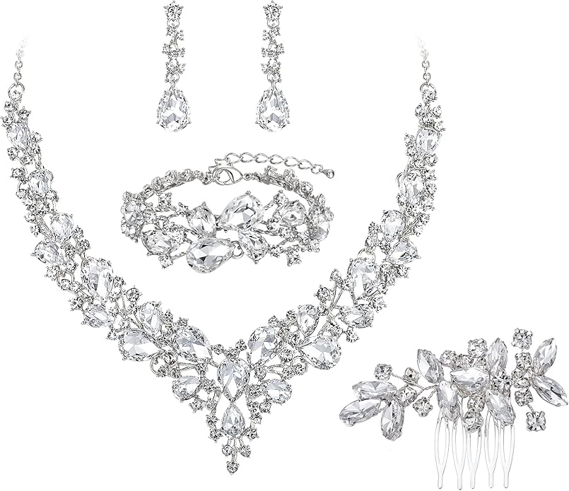 BriLove Wedding Bridal Jewelery for Women Austrian Crystal Teardrop Cluster Statement Necklace Dangle Earrings Link Bracelet Set