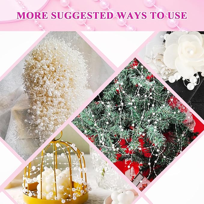Towenm 99 Feet Fishing Line Artifical Pearl Strings for Crafting, Faux Pearl Garland Strands for Floating Candle Vases Filler Wedding Centerpiece Bouquet Christmas Tree Party Decoration, Ivory