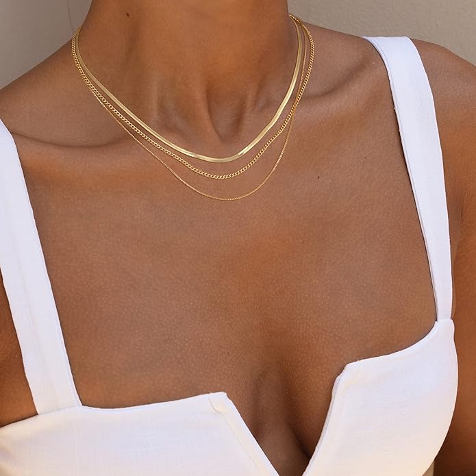 Freekiss Herringbone Necklace for Women,Dainty Gold Necklace,14k Gold Plated Snake,Gold Chain Choker Necklaces,Simple Gold Layered Necklaces,Gold Jewelry Gift for Women