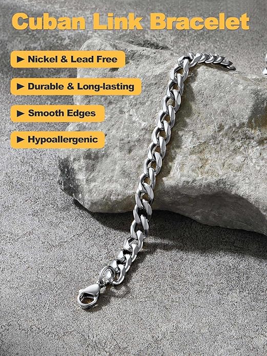 U7 Link Bracelets for Men, Cuban Link/Rope/Watch Band Solid Bracelet, Silver Black Gold Color Wrist Bracelet 3/6/9/12/15mm Width, 6.5/7.5/8.3 Inch Length, Hand Chain Jewelry for Mens Women