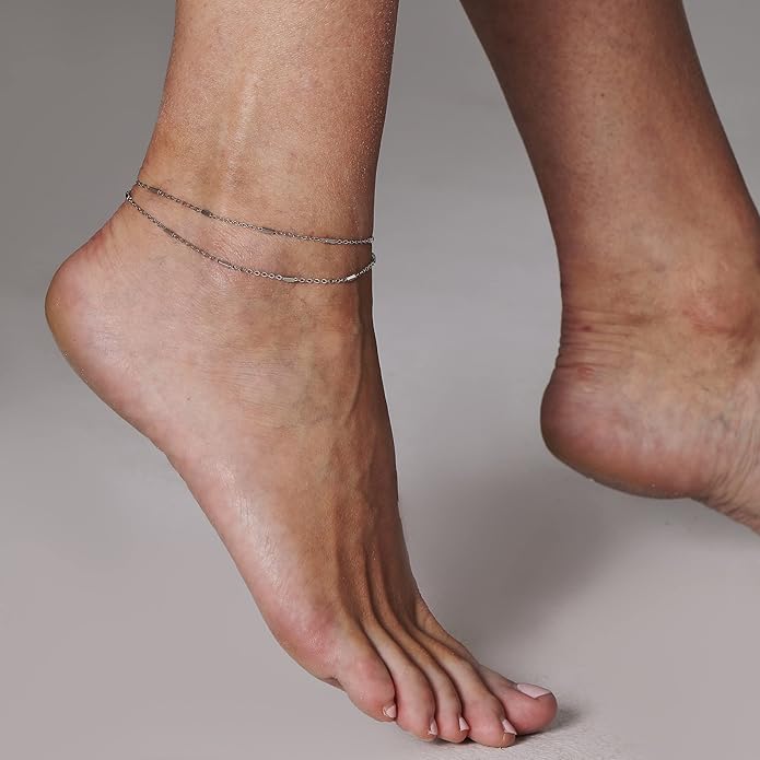 Pencros Dainty Layered Anklet,14K Gold Filled Cute Beads Satellite Chain Heart Boho Adjustable Anklets for Women
