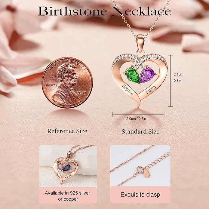 Easycosy Custom Name Necklace with Simulated Birthstones Customized Promise Necklace Heart Pendant with Engraved 2-6 Names - Anniversary Birthday Christmas Jewelry Gifts for Women Wife Mom Grandma