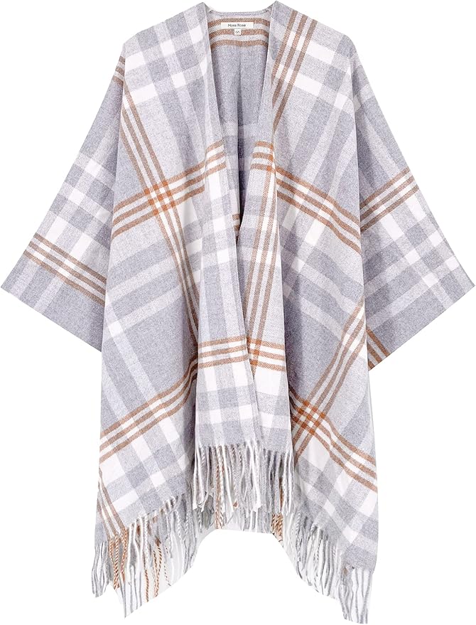 Moss Rose Women's Travel Plaid Shawl Wrap Open Front Poncho Cape for Fall Winter