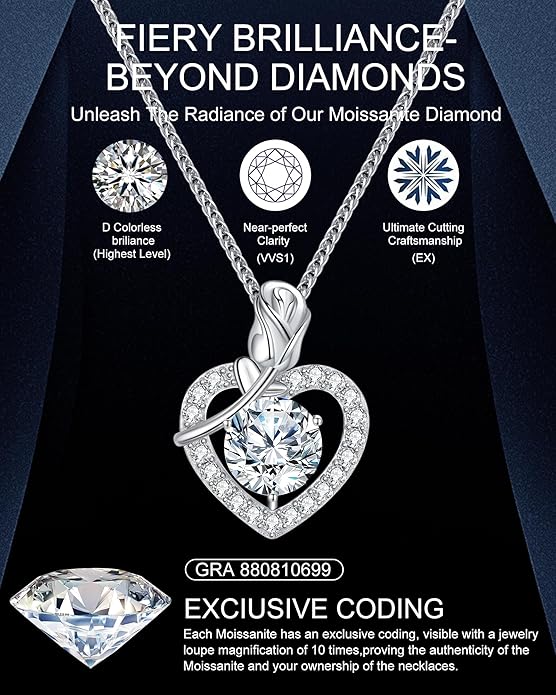 N9NEMUSES Rose Heart Pendant Necklace for Wife, 2-4 Carat Moissanite 925 Sterling Silver Necklace, Wedding Anniversary Present or Birthday Christmas Valentines Day Jewelry for Wife Her Girlfriend Mom Daughter