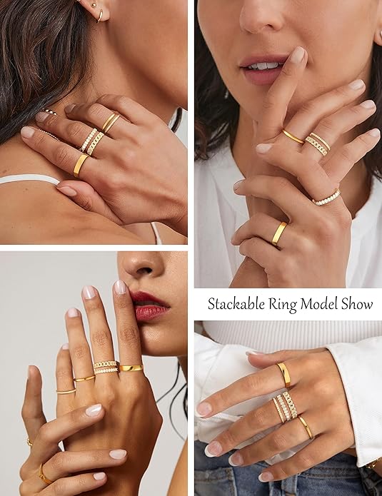 Stackable Gold Rings for Women Non Tarnish Wedding 14K Gold Plated Stacking Cubic Zirconia Thumb Ring Set Stack Engagement Eternity Dainty Bands Pinky Statement Promise Gold Jewelry Size 6-10