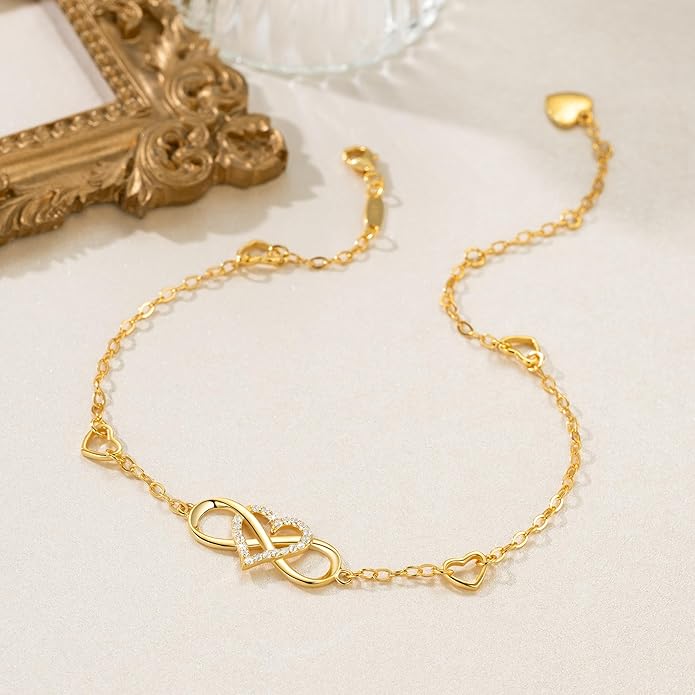 BlingGem Anklets for Women 925 Sterling Silver Infinity Hear Ankle Bracelet Cubic Zirconia Rose Gold Summer Beach Stylish Foot Chain Summer Vacation Jewelry Gift for Mom Women