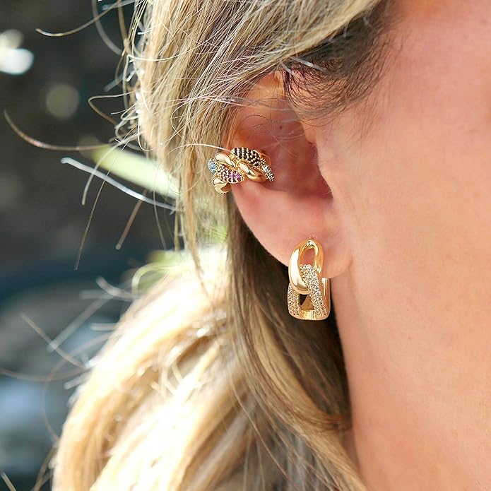 Gold Huggie Hoop Earrings 14K Gold Plated Dainty Chunky Thick Hoop Diamond Cubic Zriconia Inlay Sleeper Tiny Delicate Boho Beach Simple Hypoallergenic Jewelry Gift for Her