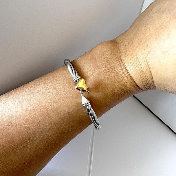 Adjustable Twist Stainless Steel Cable Wire 14K Gold Plated Love Heart Charm Bracelets Friendship Open Bangle Wrist Cuff for Women Men