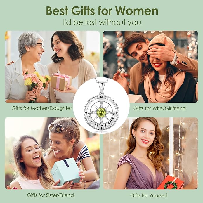 Zifeel Compass Necklace Gifts for Women wife - S925 Sterling Silver Birthstone Necklaces for Women - Anniversary Birthday Gifts for Her Wife Girlfriend - Valentines Mom Mothers Day Christmas Gifts Jewelry for Women