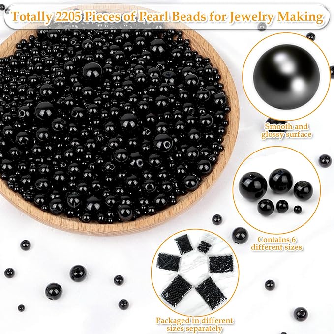 Anezus 2205Pcs Black Pearls for Craft, Assorted Sizes Fake Pearl Beads, Sew on Pearls, Bulk Loose Pearl Beads with Holes for Jewelry Making, Bracelets, Necklaces, Hairs, Decoration, Vase Filler