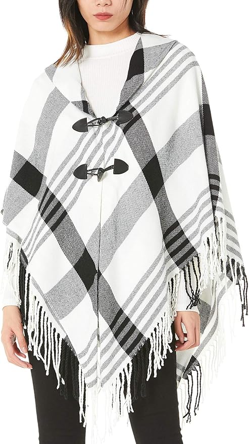 Moss Rose Women's Travel Plaid Shawl Wrap Open Front Poncho Cape for Fall Winter