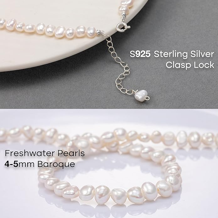 Natural Pearls Choker Necklace for Women Freshwater Baroque Pearl Strand Necklace Chain Cultured Baroque Pearl 18K Gold Plated & S925 Sterling Silver Clasp Choker