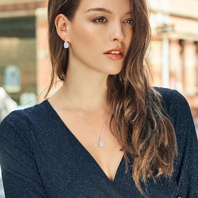 Gemstone Birthstone and White Created Sapphire Pendant and Earrings Jewelry Set for Women in 925 Sterling Silver | Oval 8X6MM and Round 2.5MM | With 18 Inch Chain | Fine Jewelry for Her Mom Women Wife