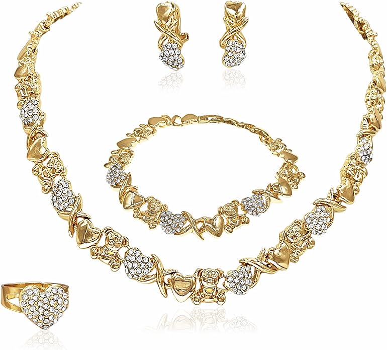 Gold Jewelry Sets for Women 18K Gold/Silver Filled Jewelry Necklace Set Wedding Bridal Fashion Jewelry Sets Women Accessories Bracelets Earrings and Rings Sweetheart Gifts