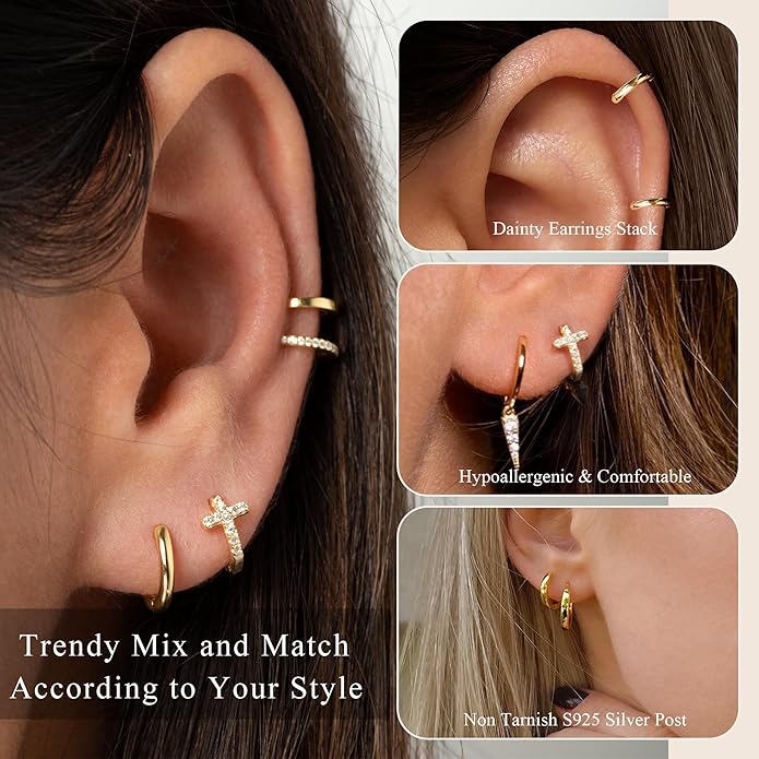 DORANA Valentines Day Gift 3 Pairs 925 Sterling Silver Earrings for Women Girls Non Tarnish Small Hypoallergenic Huggie Hoops Cartilage Stack Earring Sets for Multiple Piercing