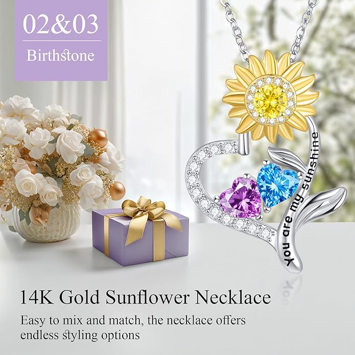 PERJI Valentine's Day Gifts for Women - 925 Sterling Silver Double Birthstone Sunflower Necklace, Anniversary Birthday Jewelry You are My Sunshine Gifts for Wife Couple Girlfriend 18"+2" Non Tarnish