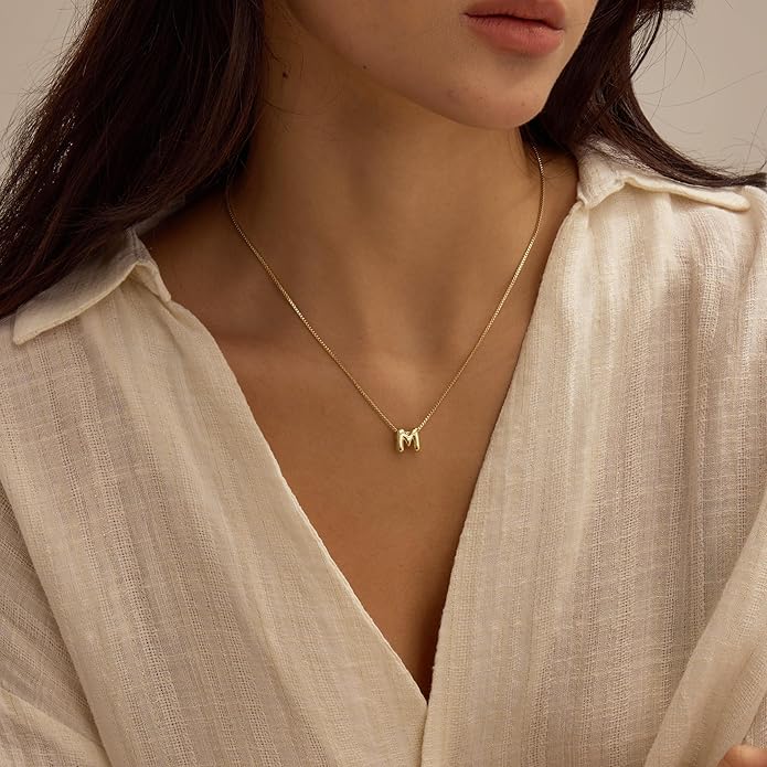 Bubble Gold Letter Necklace for Women, 14k Gold Plated Balloon Initial Necklace, Dainty Gold Necklace for Women, Personalized Bubble Pendant Name Necklace, Fashion Accessories Trendy Jewelry