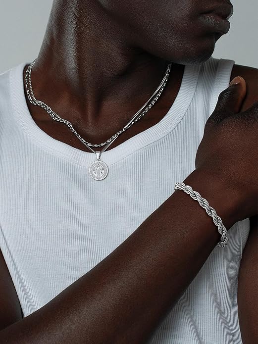 U7 Link Bracelets for Men, Cuban Link/Rope/Watch Band Solid Bracelet, Silver Black Gold Color Wrist Bracelet 3/6/9/12/15mm Width, 6.5/7.5/8.3 Inch Length, Hand Chain Jewelry for Mens Women