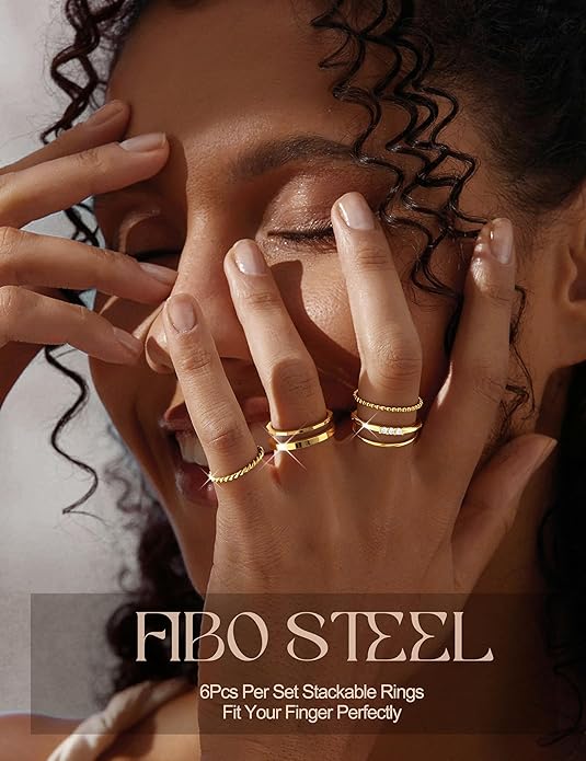 FIBO STEEL 14K Gold Plated Stackable Rings for Women Non Tarnish - Dainty Rings Cubic Zirconia Thin Ring Set Minimalist Thumb Stacking Ring Size 5-11