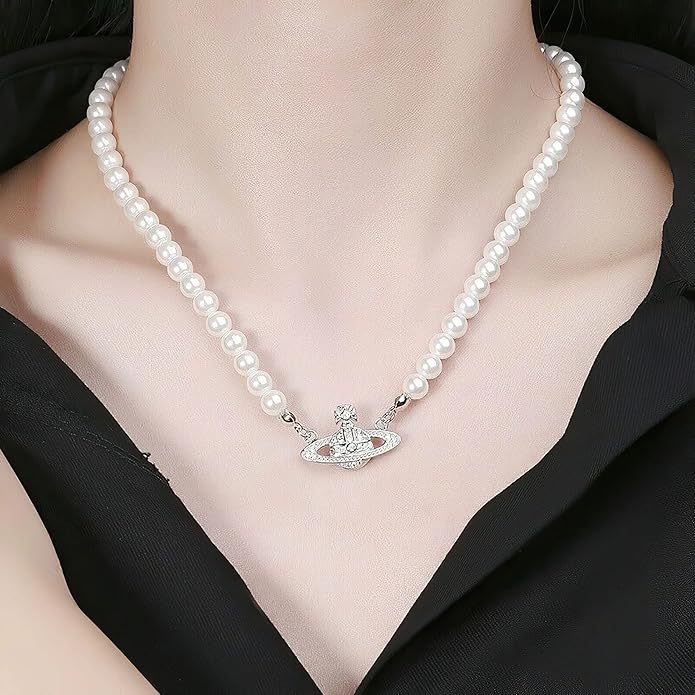 FENLDY Rhinestone Faux Planet Saturn Pearl Necklace for Women Jewelry, Fake Pearl Collar Pendant a Necklace Men with Charm for Girls Y2k Jewelry Ladies' Wedding Pearl Bead Chain Crystal Choker