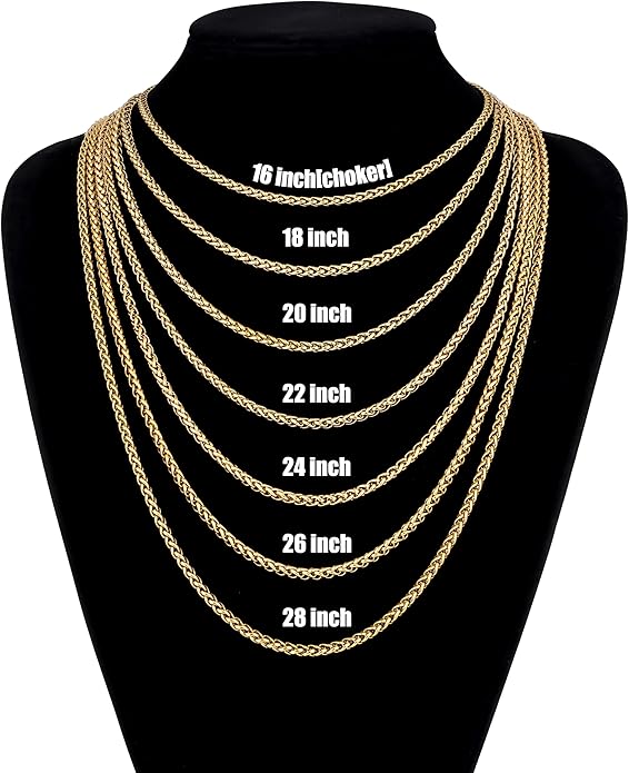 Fiusem Wheat Chains for Men and Women, 2/2.5/3/4/5mm Silver Tone/14K Gold Plated/Black Necklace Chain, Stainless Steel Mens Necklace 16-28 Inch